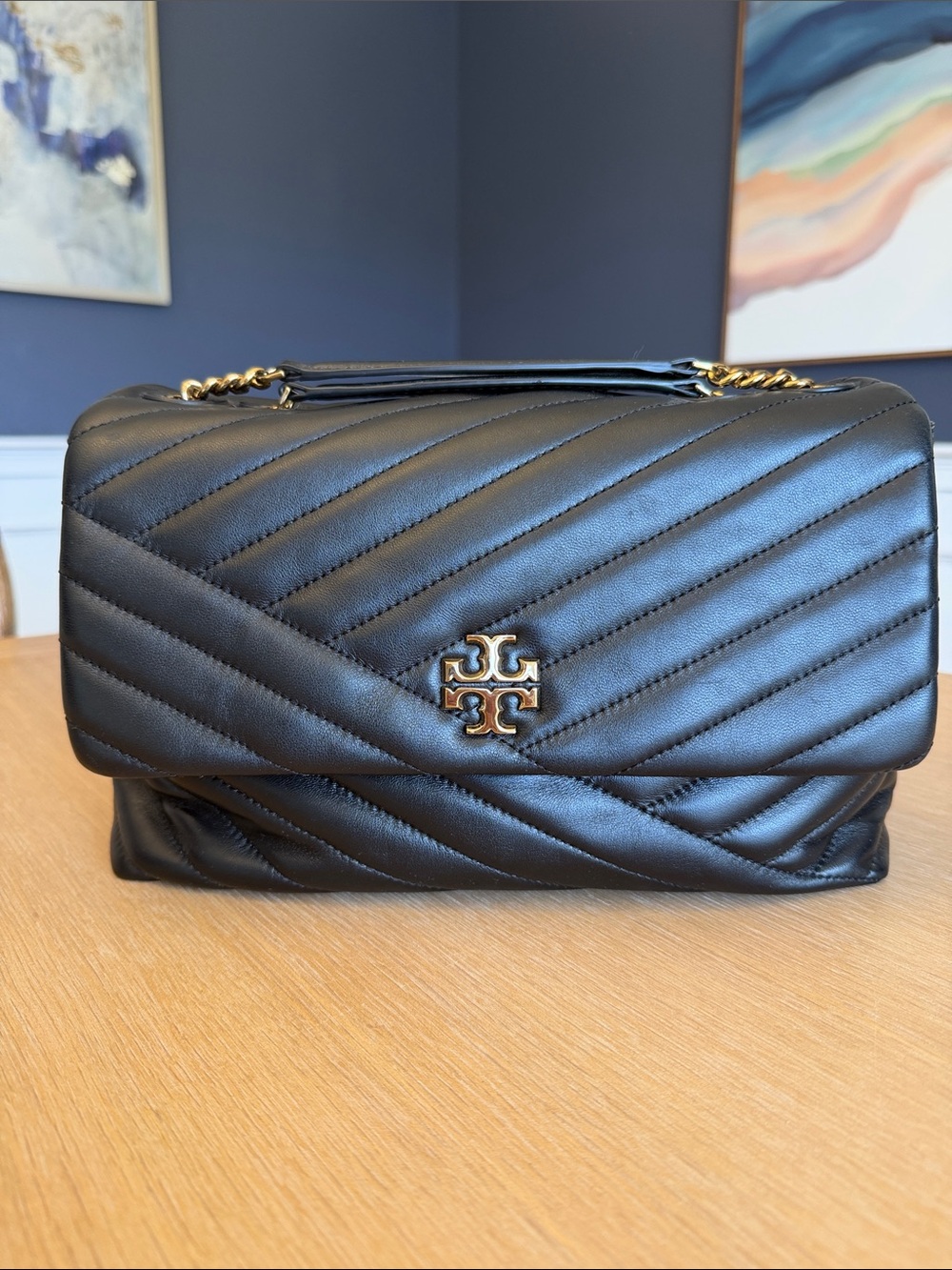 Tory Burch Black Quilted Chevron Shoulder/Crossbody Bag with Gold Chain Strap